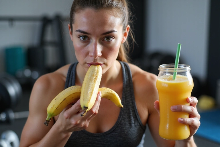 Atleta che mangia una banana e beve una bevanda energetica dopo l'allenamento, con attrezzatura sportiva sullo sfondo.