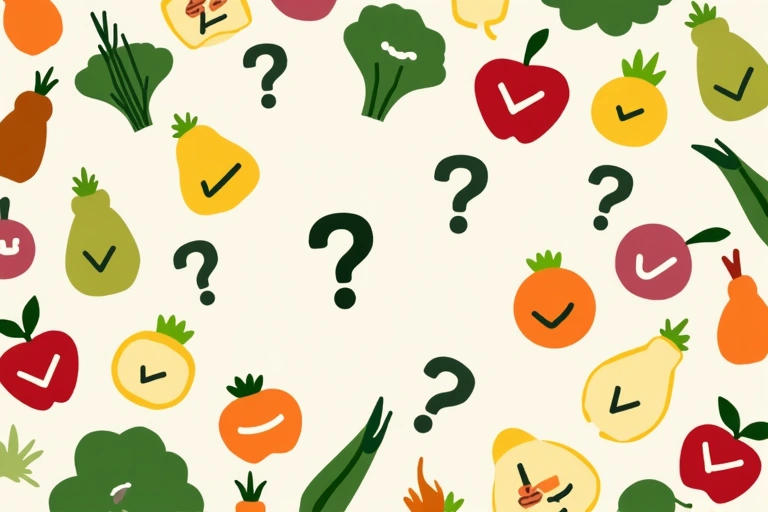 Icone di punti interrogativi e segni di spunta su uno sfondo con alimenti, simboleggiando la sfatatura di miti alimentari.