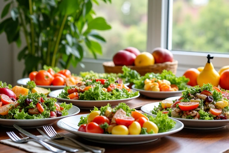 Tavola imbandita con piatti colorati e salutari, come insalate fresche, verdure al vapore e frutta di stagione.