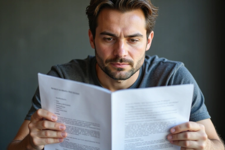 Una persona che legge un documento legale con un'espressione pensierosa, simbolo di comprensione dei termini e condizioni.